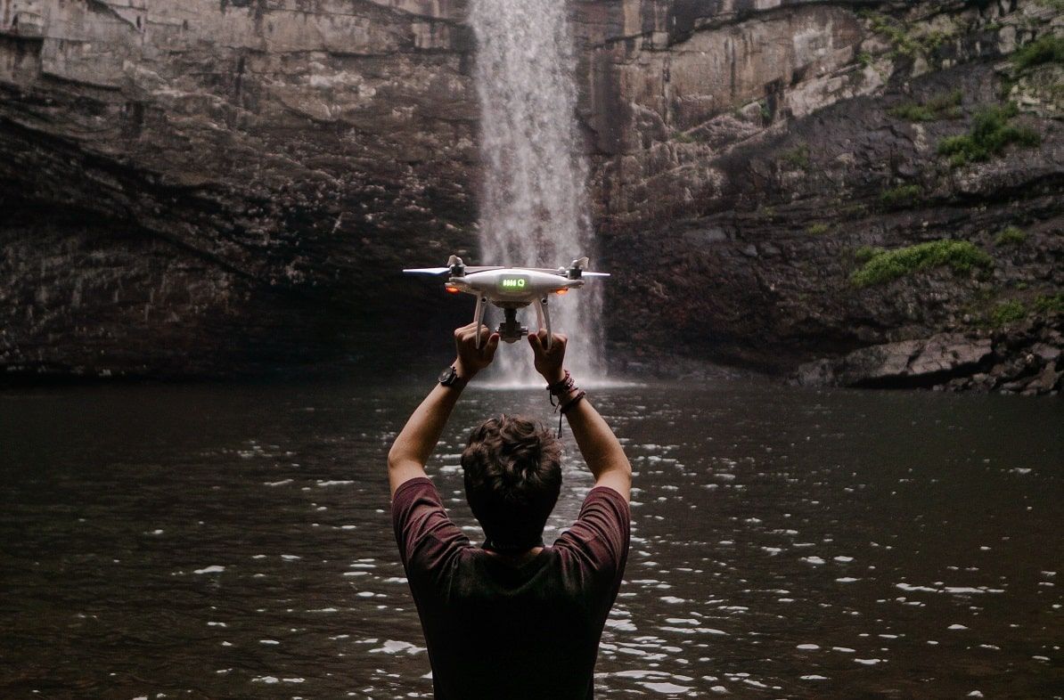 drone at waterfall