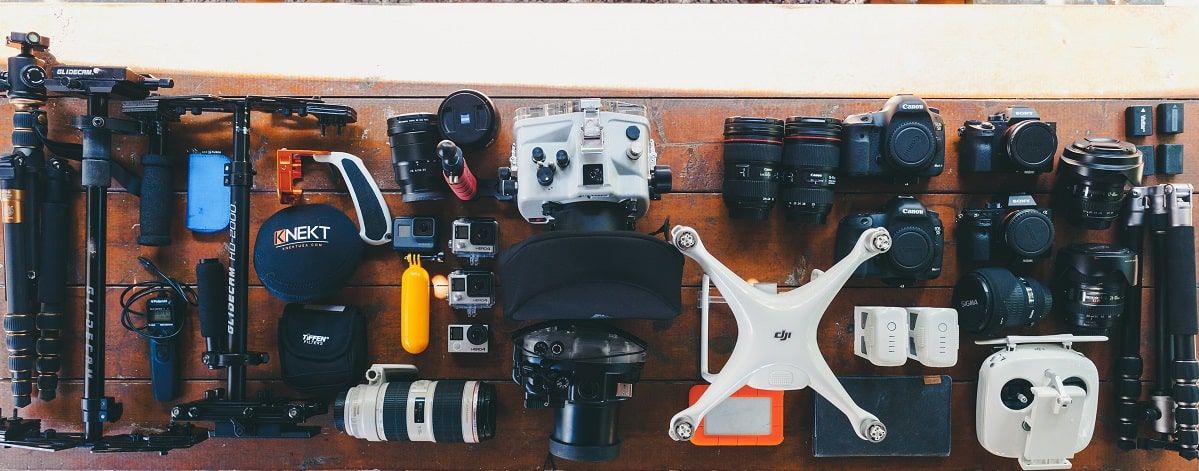 table with drones and camera