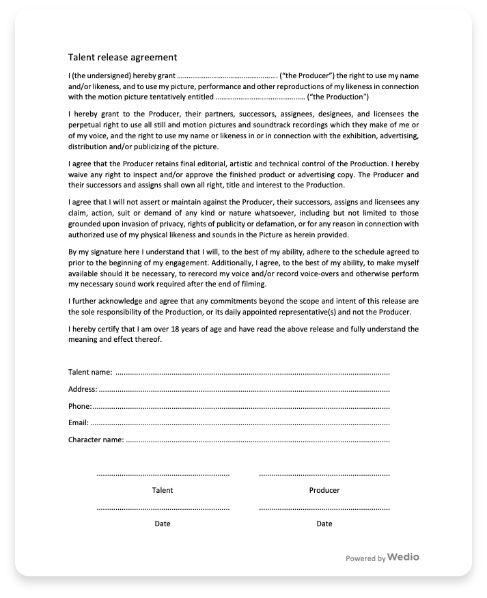 Talent Release Form Template Download Your FREE Template Now Wedio