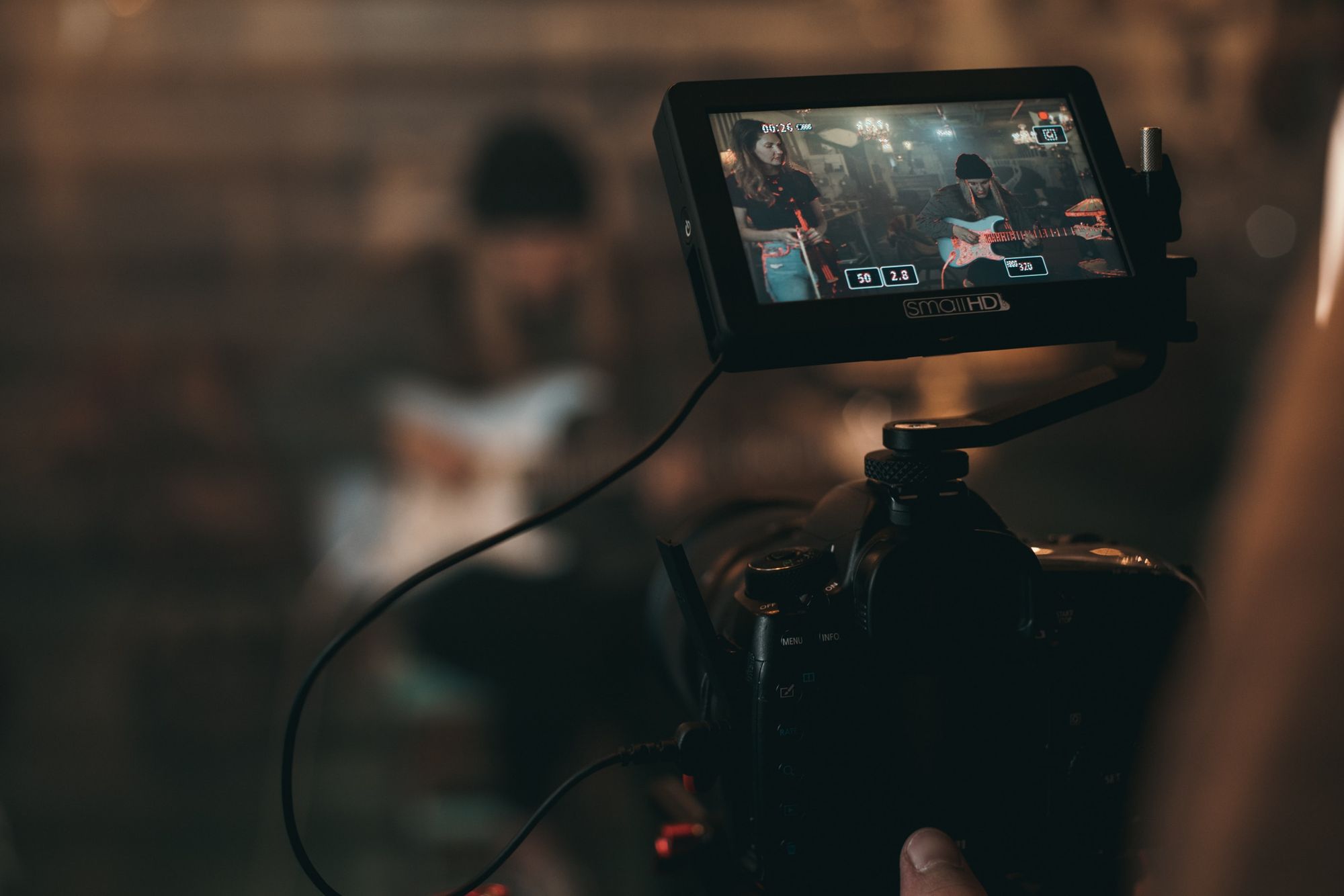 Shooting a music video camera screen filming