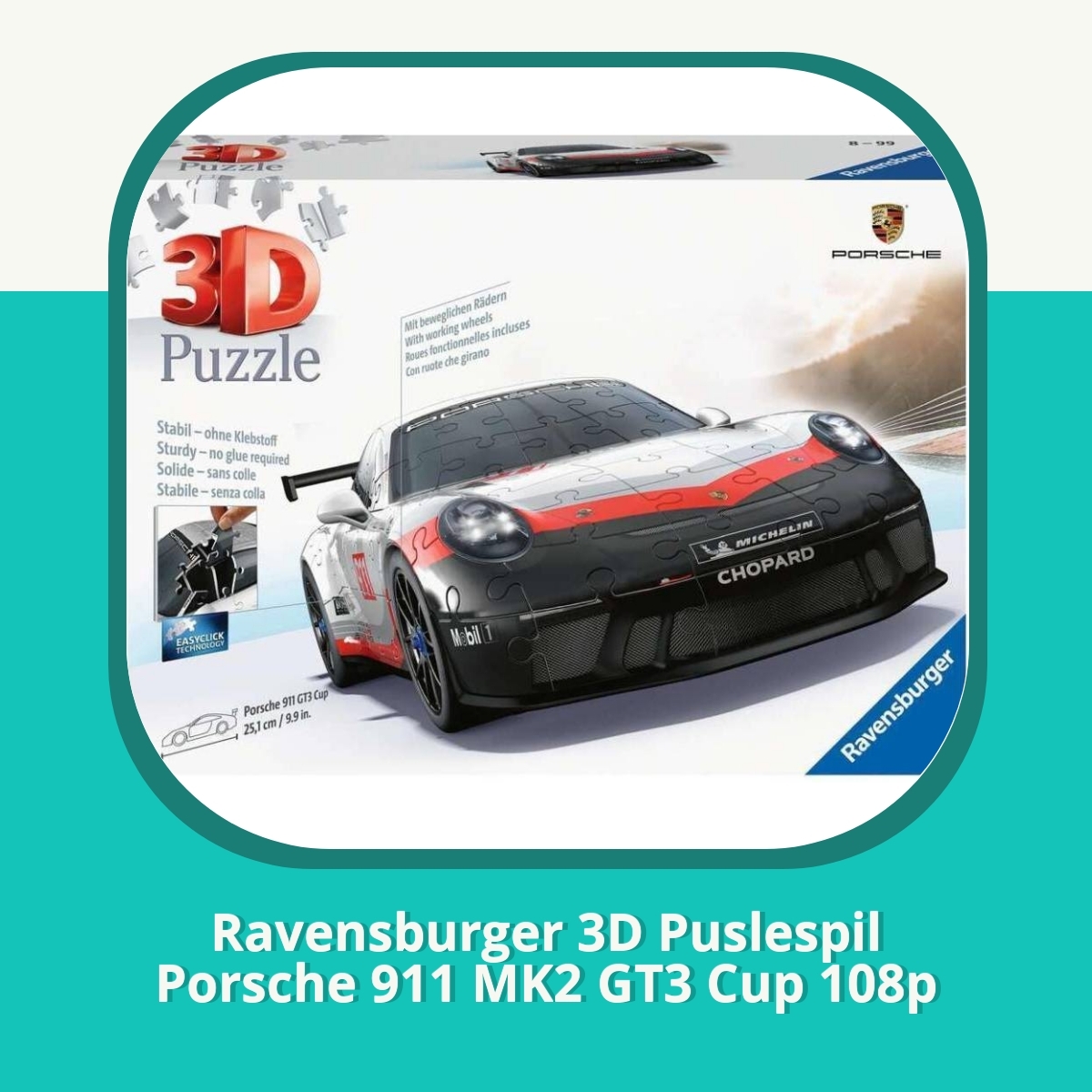 Anmeldelse af Ravensburger 3D Puslespil Porsche 911 MK2 GT3 Cup 108p