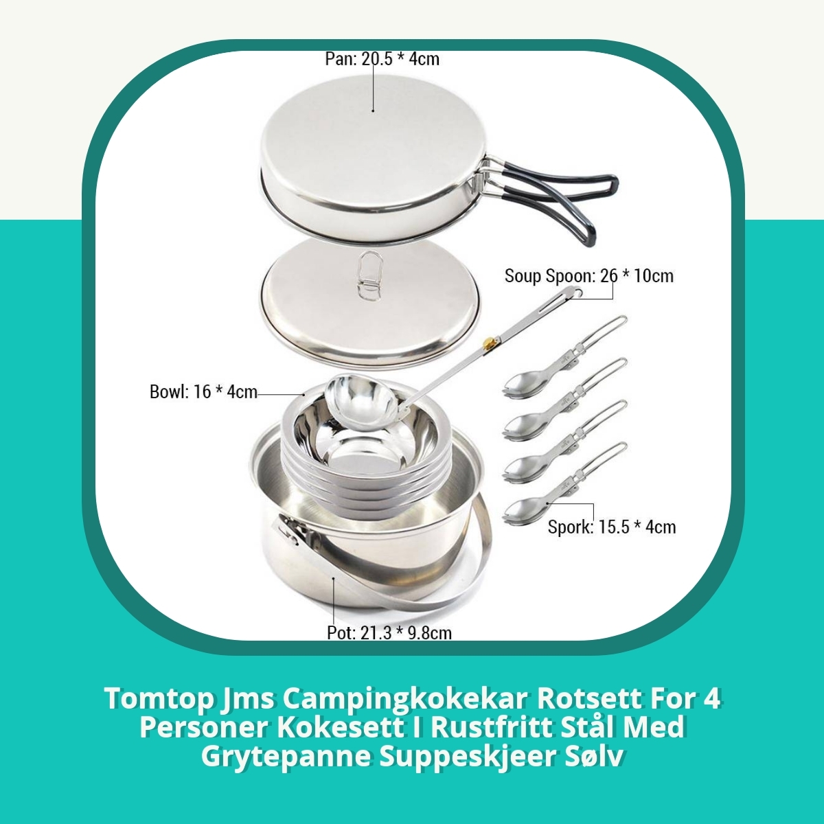 Anmeldelse af Tomtop Jms Campingkokekar Rotsett For 4 Personer Kokesett I Rustfritt Stål Med Grytepanne Suppeskjeer Sølv