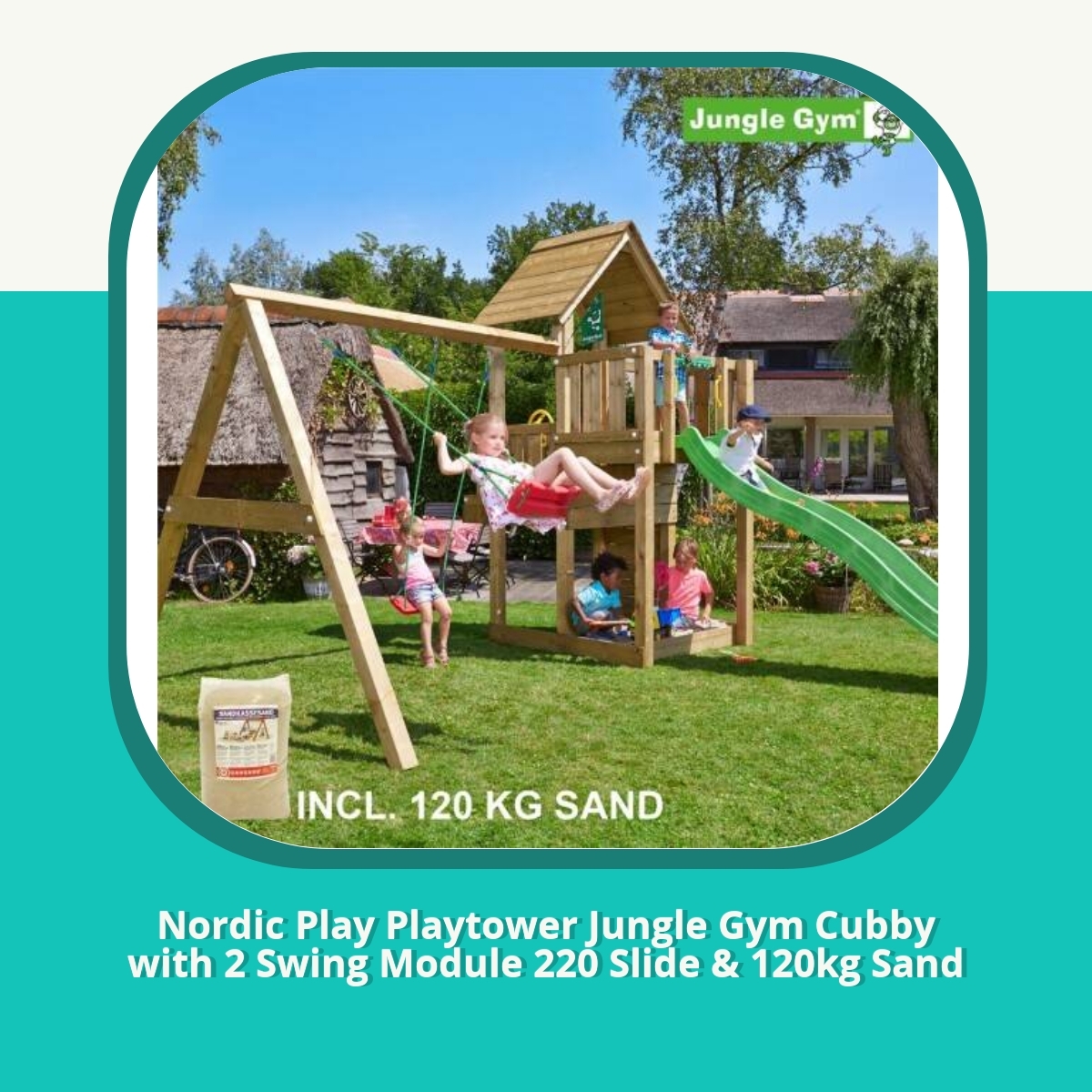 Anmeldelse af Nordic Play Playtower Jungle Gym Cubby with 2 Swing Module 220 Slide & 120kg Sand