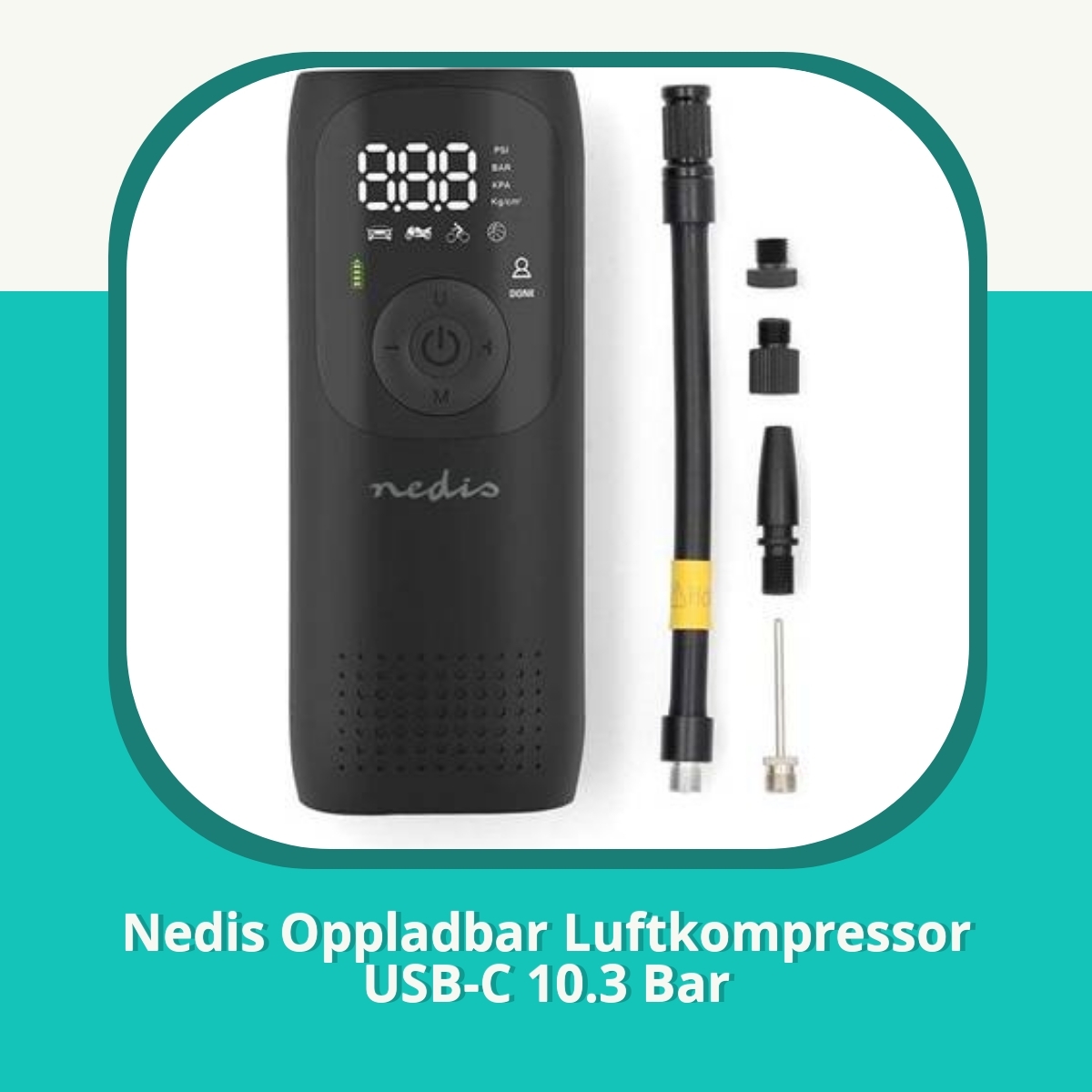 Anmeldelse Nedis Oppladbar Luftkompressor USB-C 10.3 Bar