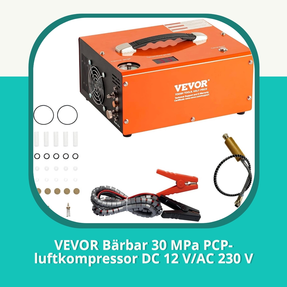 Anmeldelse af VEVOR Bärbar 30 MPa PCP-luftkompressor DC 12 V/AC 230 V
