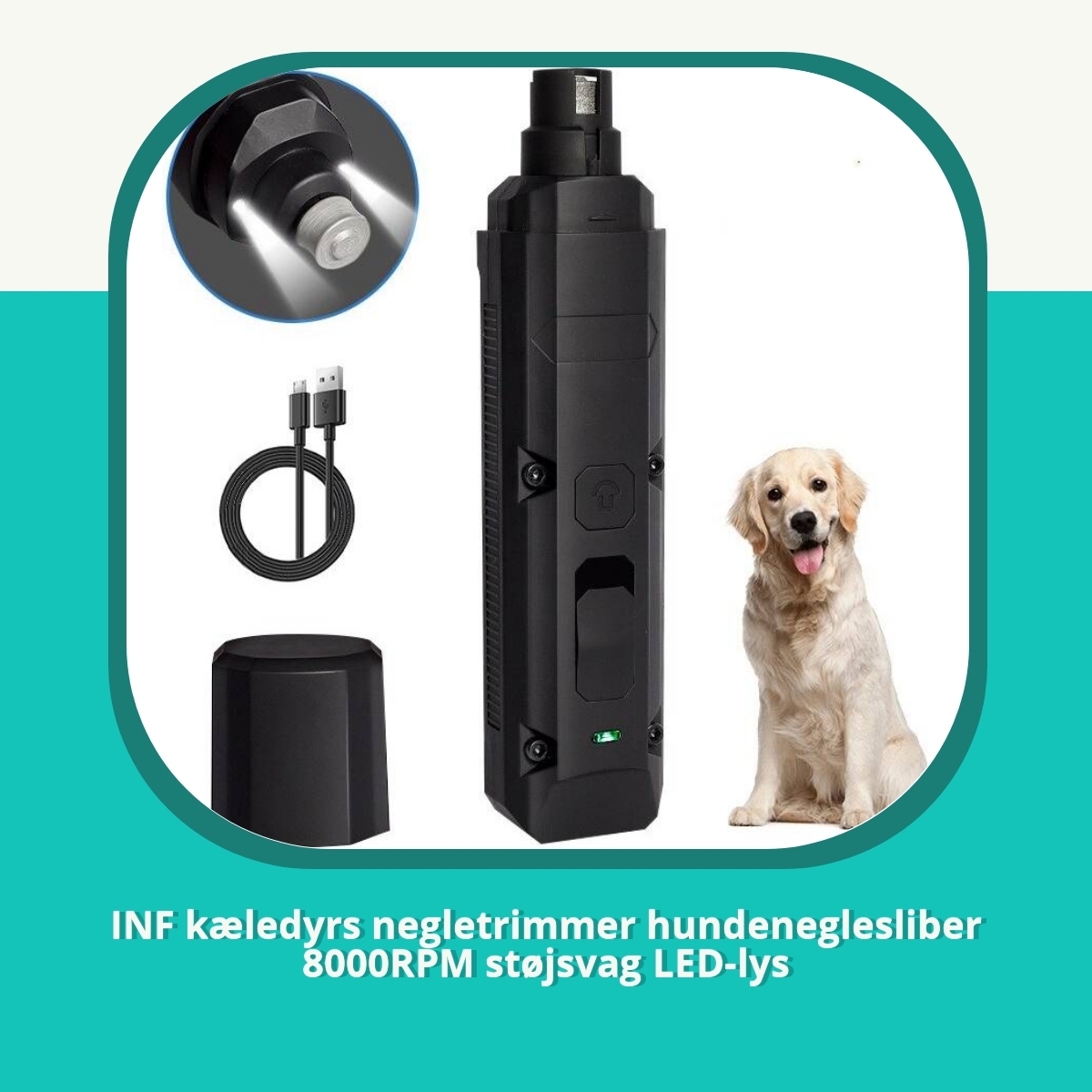 Anmeldelse af INF kæledyrs negletrimmer hundeneglesliber 8000RPM støjsvag LED-lys