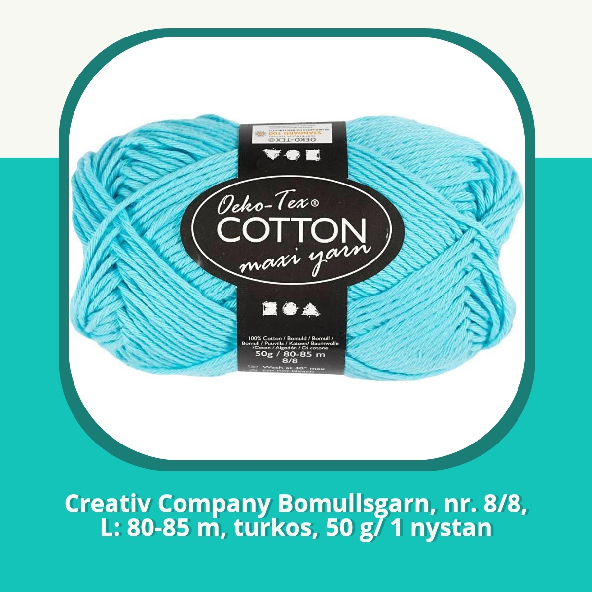 Recension Creativ Company Bomullsgarn, nr. 8/8, L: 80-85 m, turkos, 50 g/ 1 nystan